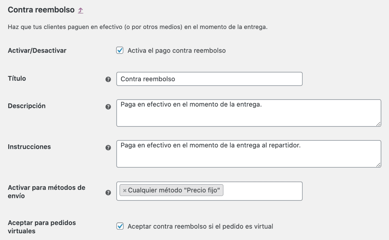 Métodos de pago en WooCommerce - Contrareembolso - Webempresa