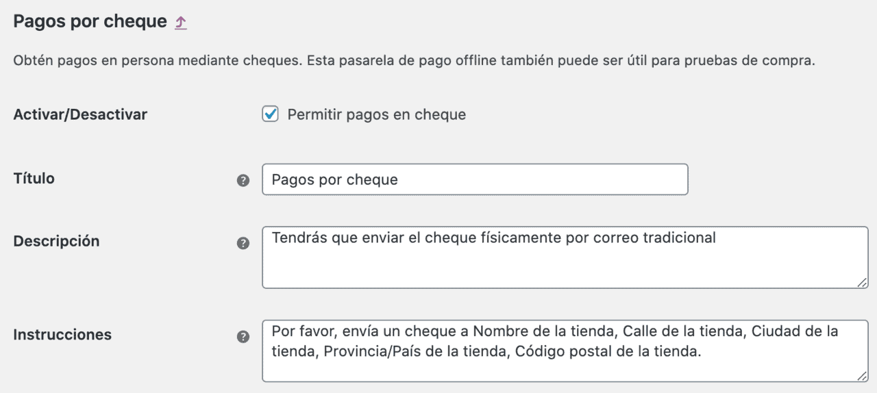 Configuración de Pagos por Cheque