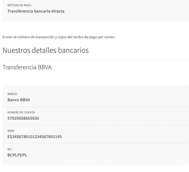 Métodos de pago en WooCommerce - Transferencia Bancaria