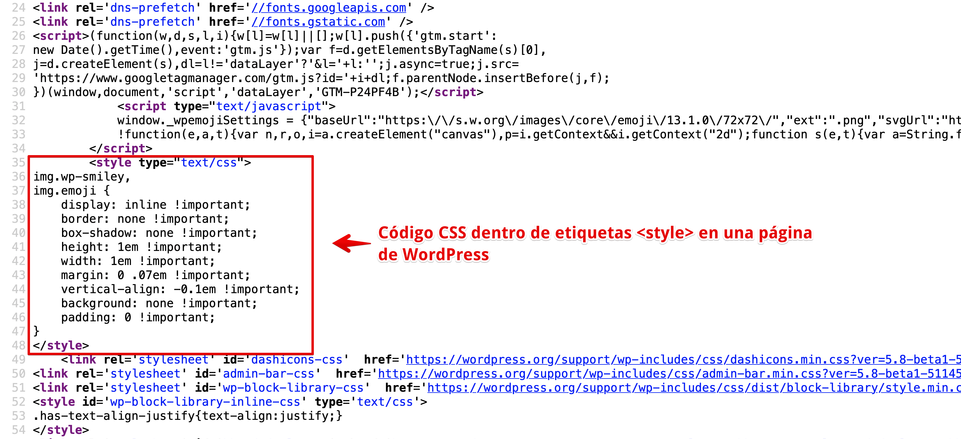 Código CSS en una página de WordPress