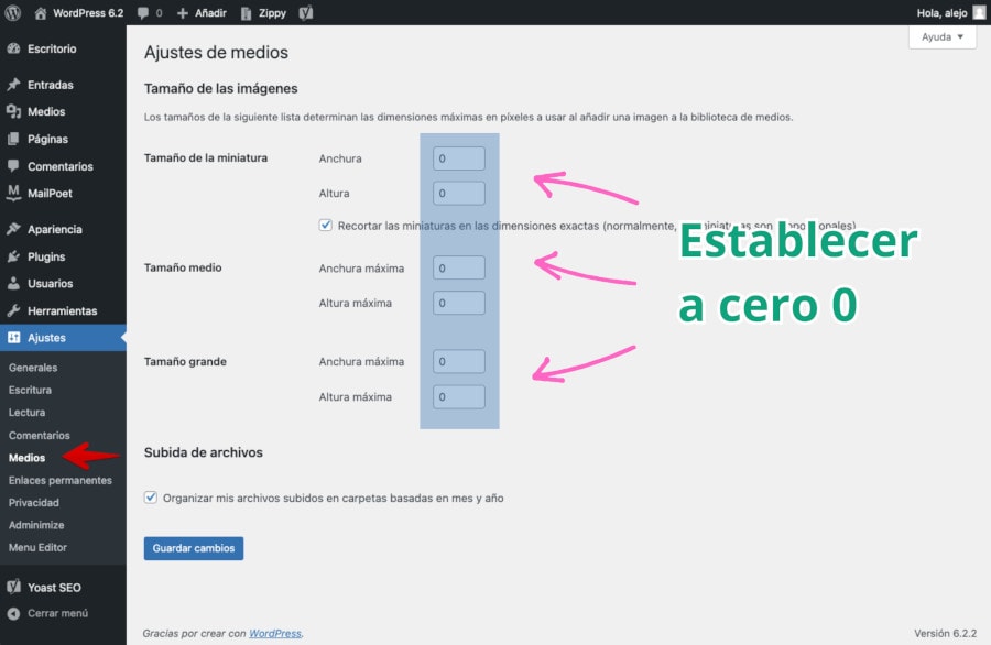 Ajustes de tamaño en Medios