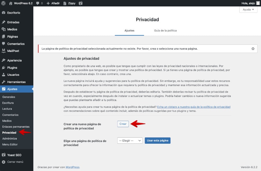 WordPress - Ajustes - Privacidad