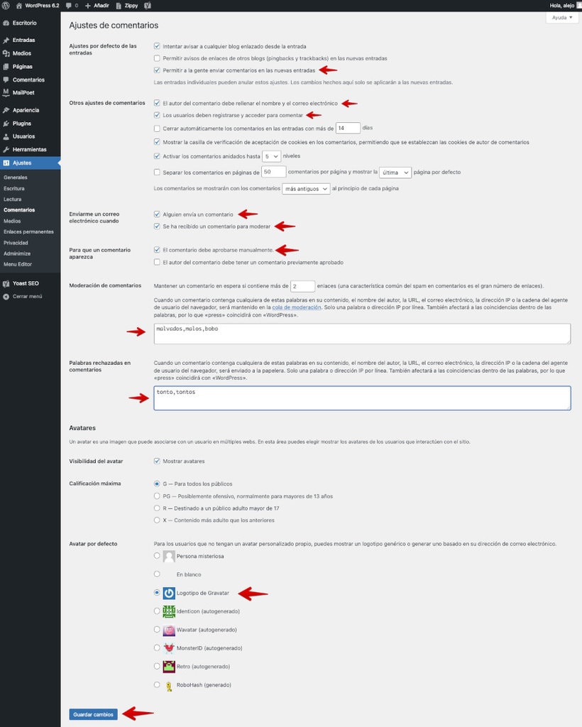 Configuración de los comentarios en WordPress