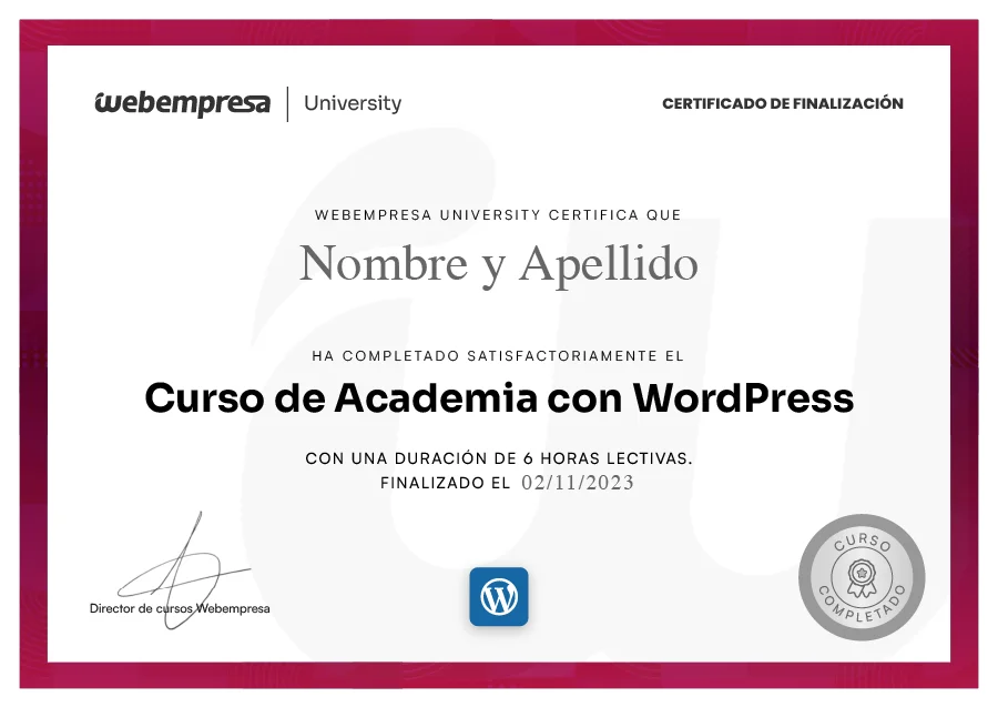 Certificado Curso Crear Academia con WordPress. De University