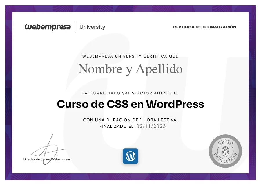 Certificado Curso CSS en WordPress de University