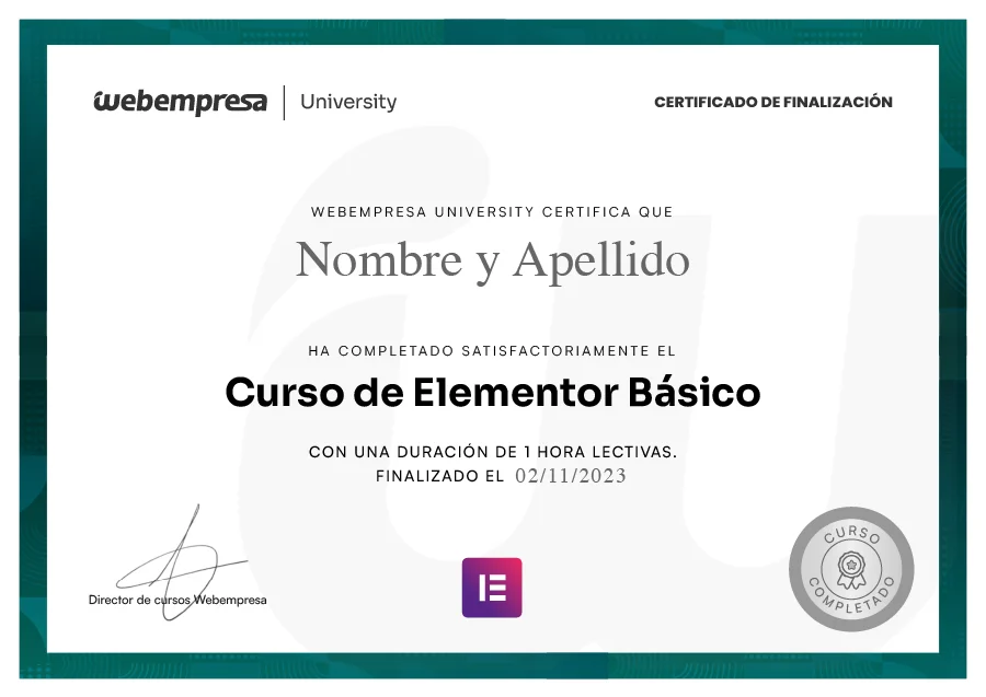 Certificado del Curso Elementor básico de University