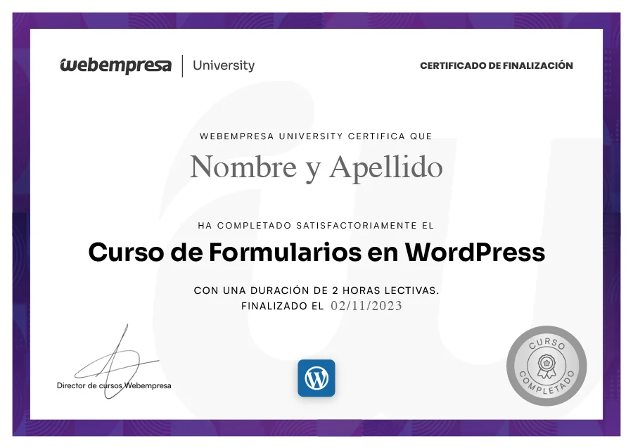 Certificado Curso de Formularios WordPress de University