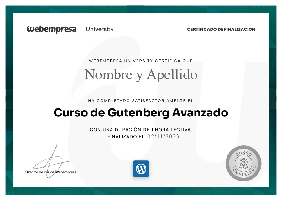 Certificado Curso Gutenberg avanzado de University