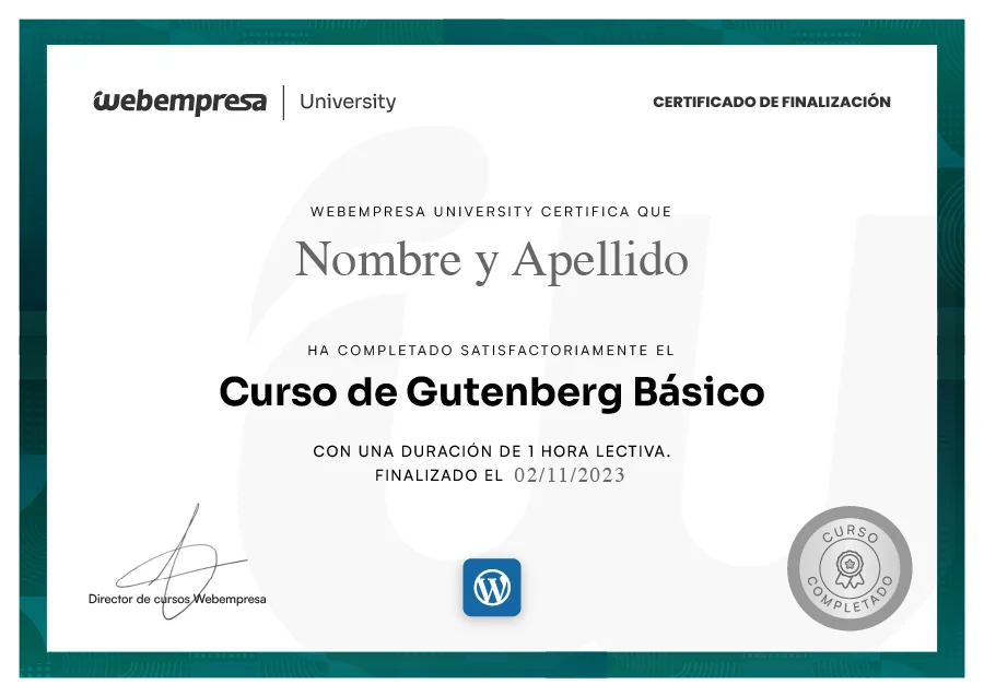 Certificado Curso Gutenberg básico de University