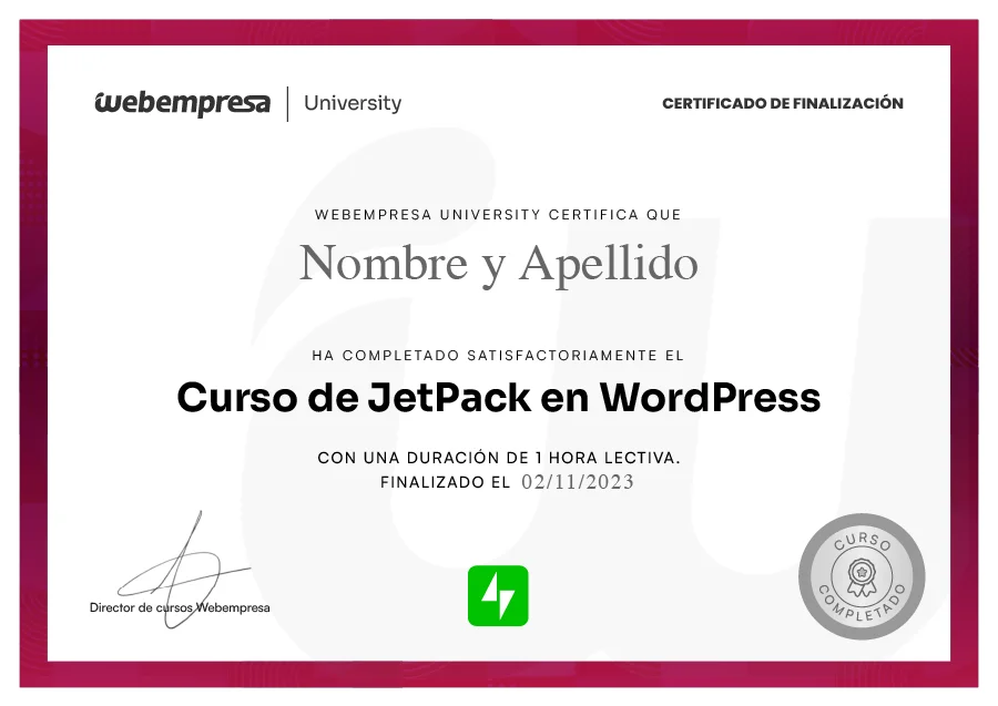 Certificado Curso JetPack de WordPress. En University