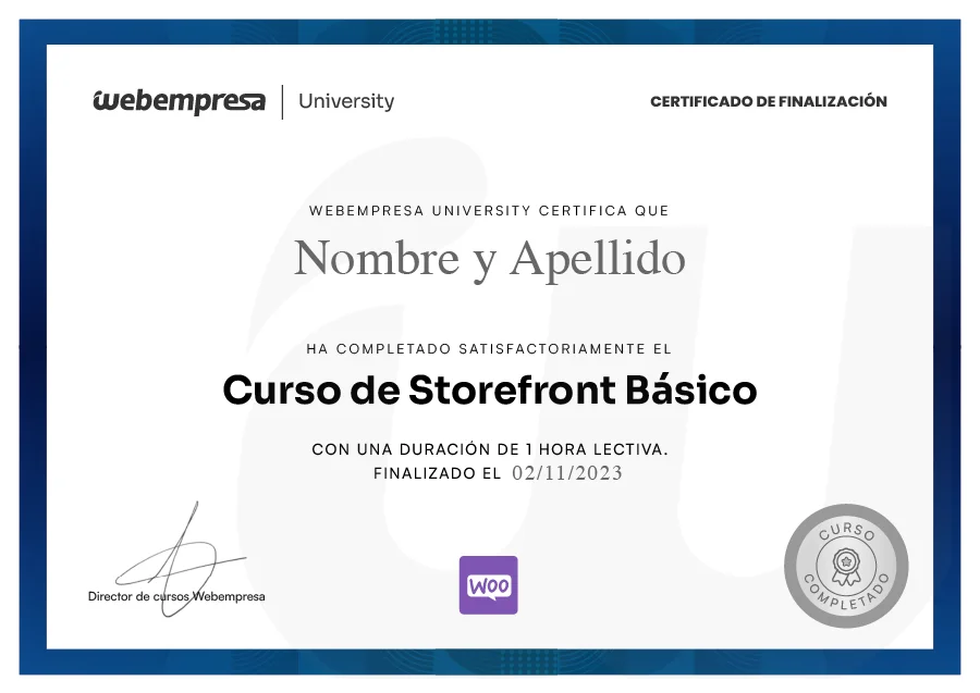 Certificado del Curso Storefront básico de University