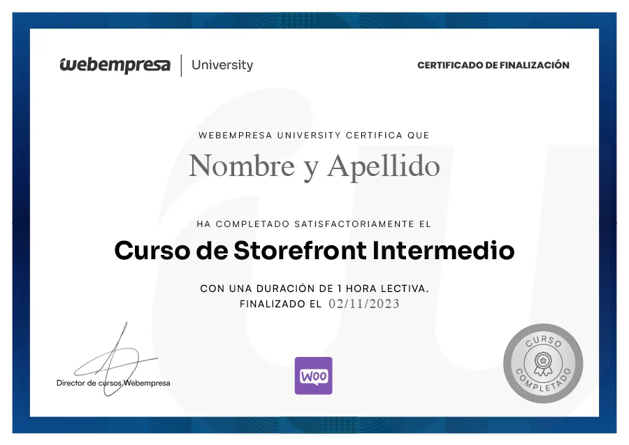 Certificado del Curso Storefront intermedio de University