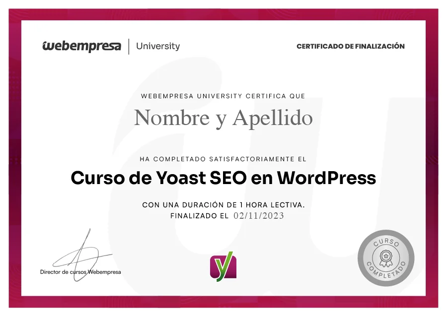 Certificado YOAST SEO en WordPress de University