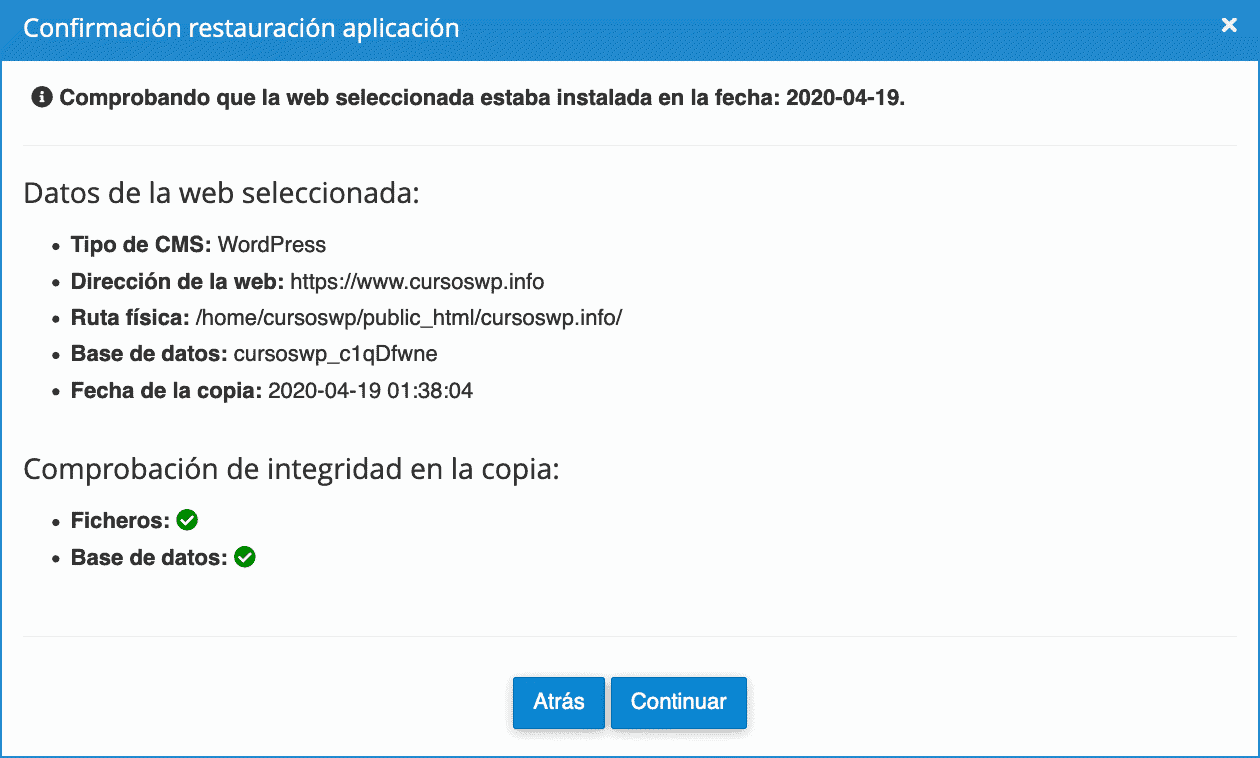 confirmación restauración sitio