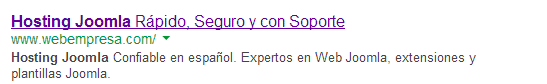 Resultado de la búsqueda 'hosting joomla' en Google. La meta-descripción son las dos líneas debajo del enlace