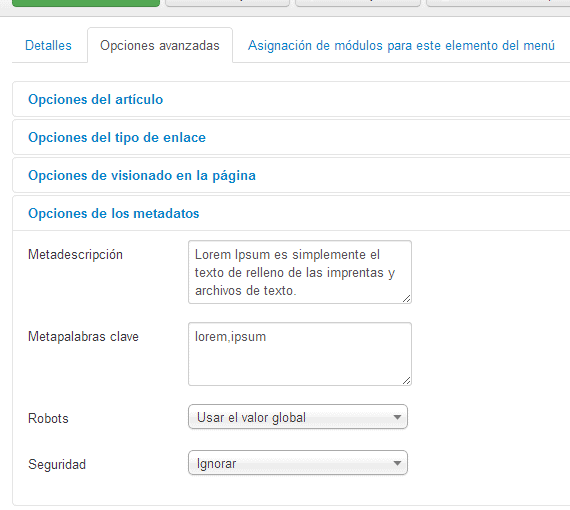 Configuración de los metadatos específicos para una página en el item de menú