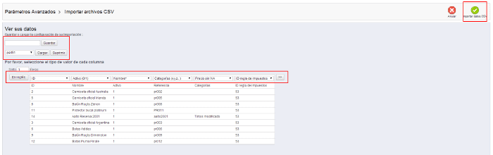 parámetros avanzados, importar fichero csv