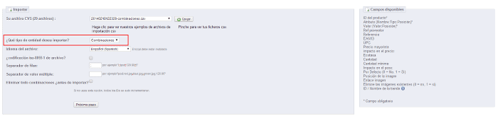 fichero importar atributos combinaciones prestashop