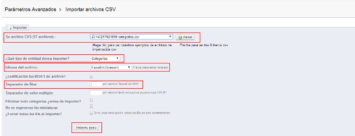 Parámetros avanzados, importar archivo csv Prestashop