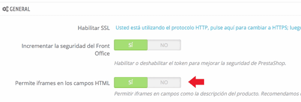 activar opción de permitir iframe en html en prestashop