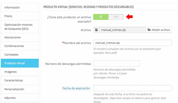 configuración producto virtual