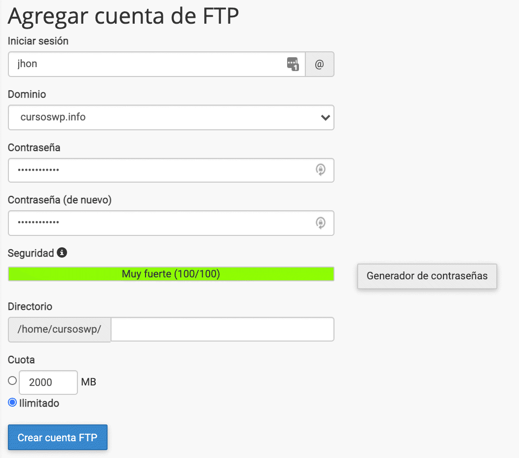 Creacion cuenta FTP Cpanel