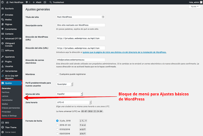 Ajustes de WordPress