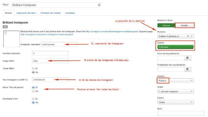 Configuraciones del plugin Brilliant Instajoom