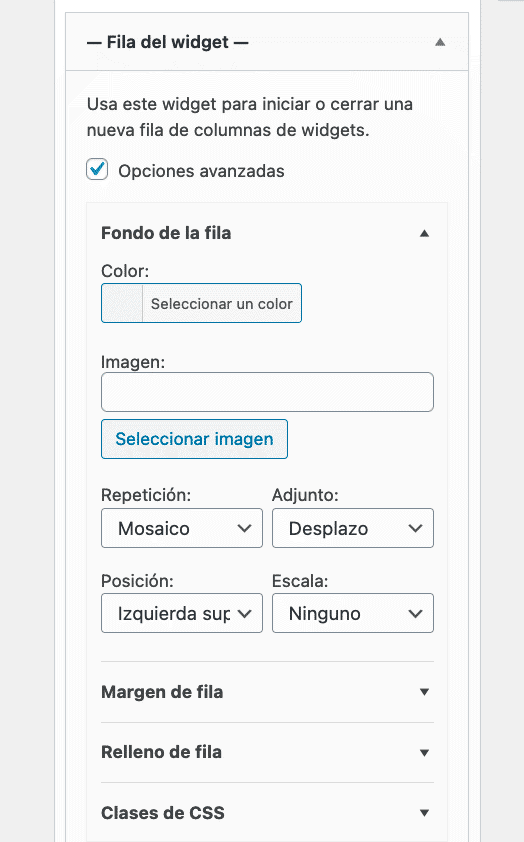 Widget filas opciones  adicionales