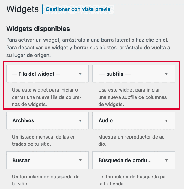 Nuevos widgets plugin Widgets en Columnas