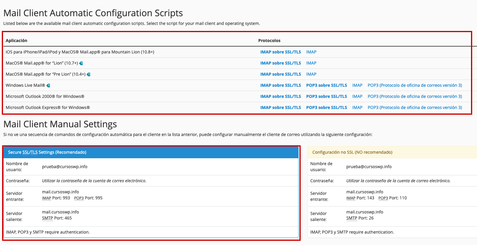 Datos configuración cliente correo externo