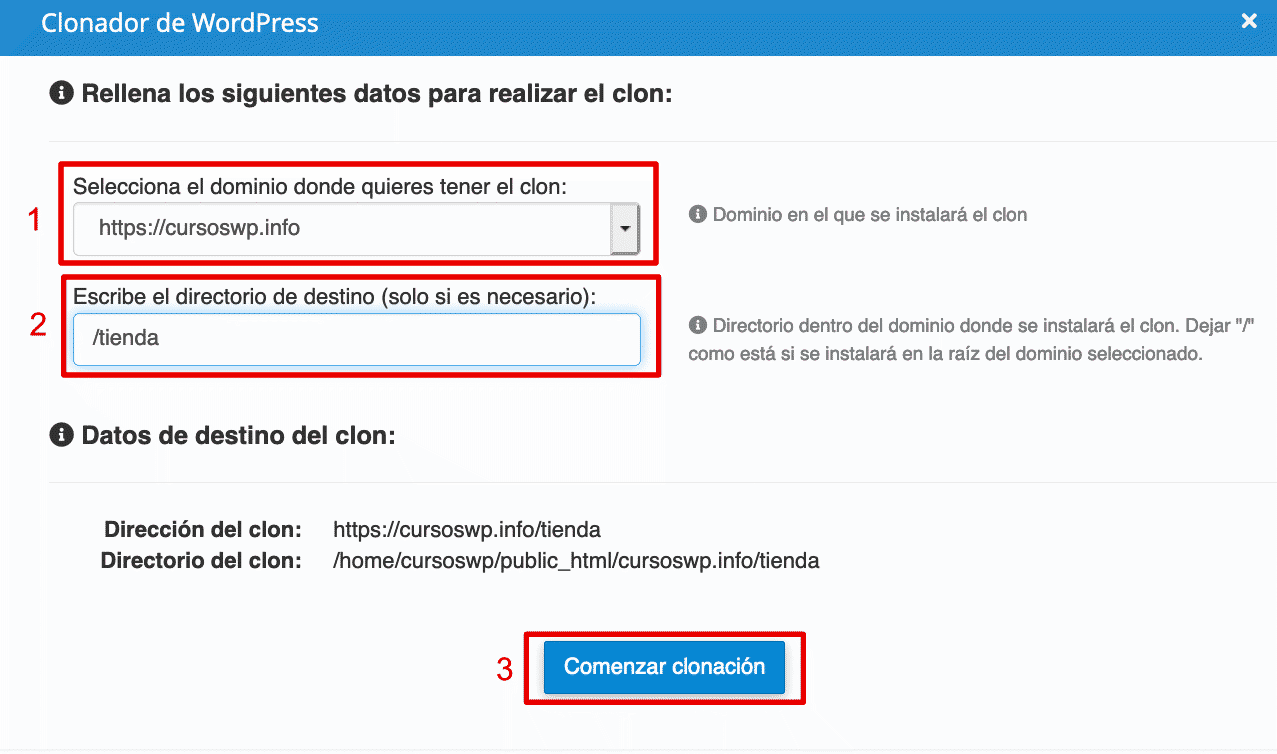 Pantalla Clonación WPCenter