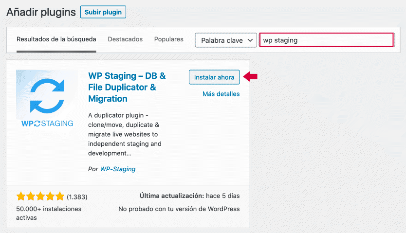Instalación plugin WP Staging