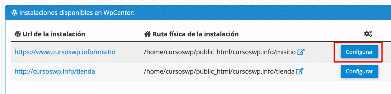 Listado sitios WPCenter