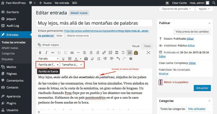 Editor Visual después de instalar el plugin