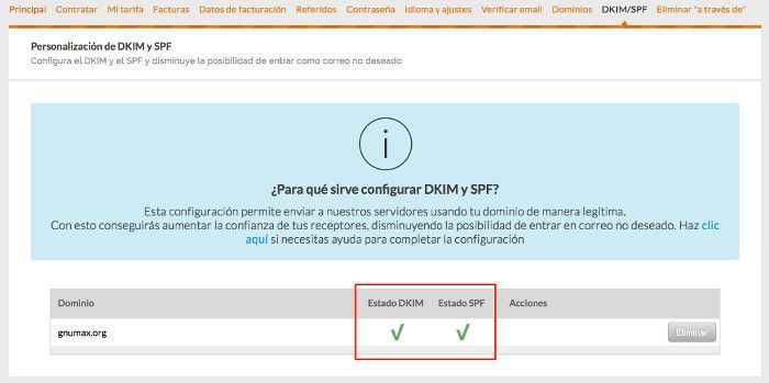 Estado de DKIM y SPF en Acumbamail