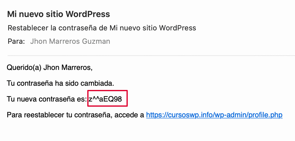 Correo enviado por el plugin de reseteo claves