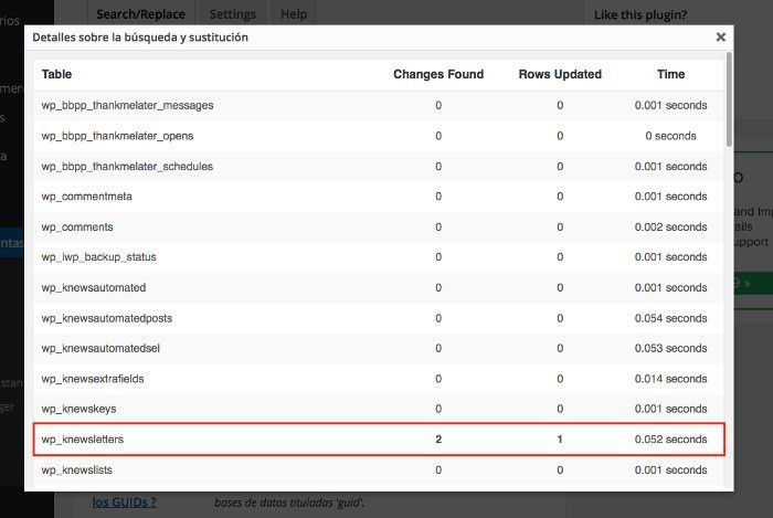 Detalle de los cambios aplicados en las tablas de la base de datos