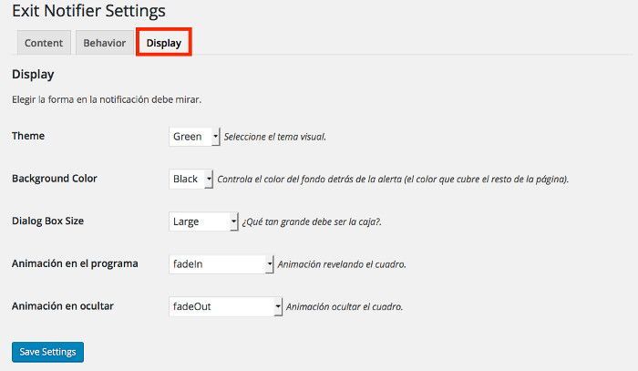 Configuración de la pestaña Display