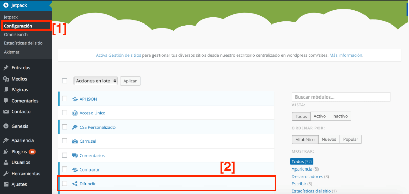 Configurar JetPack para difundir por WordPress