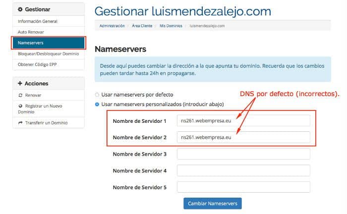Nameservers incorrectos
