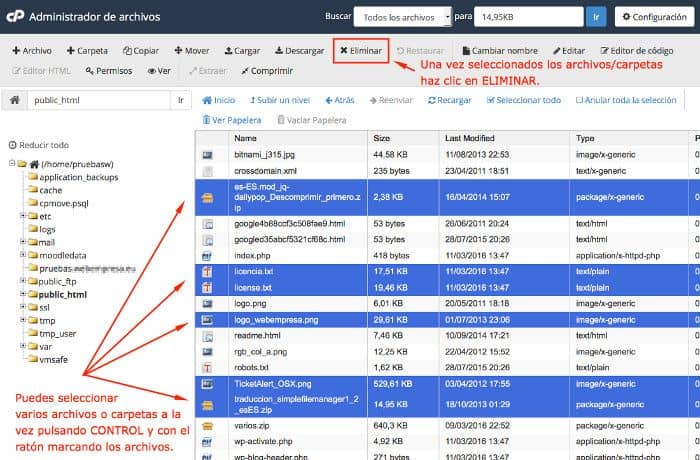 Eliminar archivos en cPanel