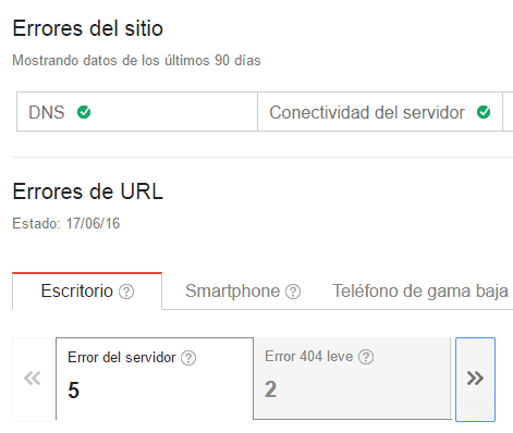 Errores de rastreo reportados en google search console