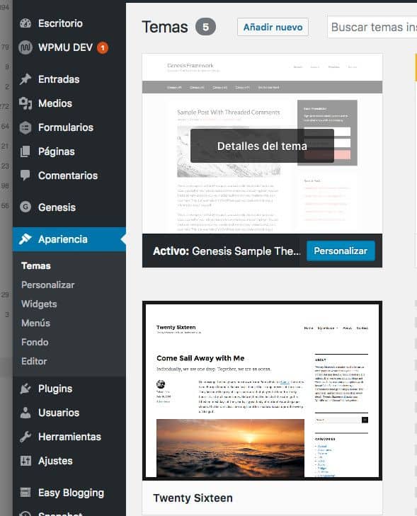 Cambia al tema por defecto de wordpress