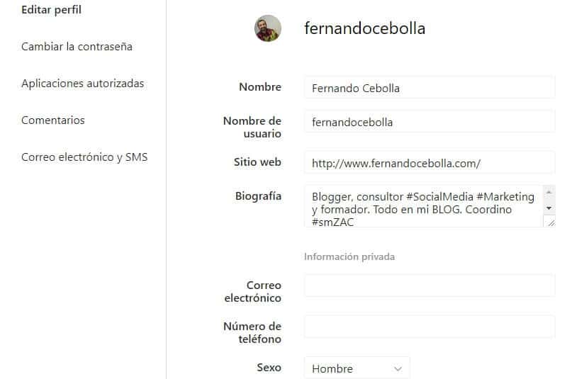 Instagram editar perfil en PC