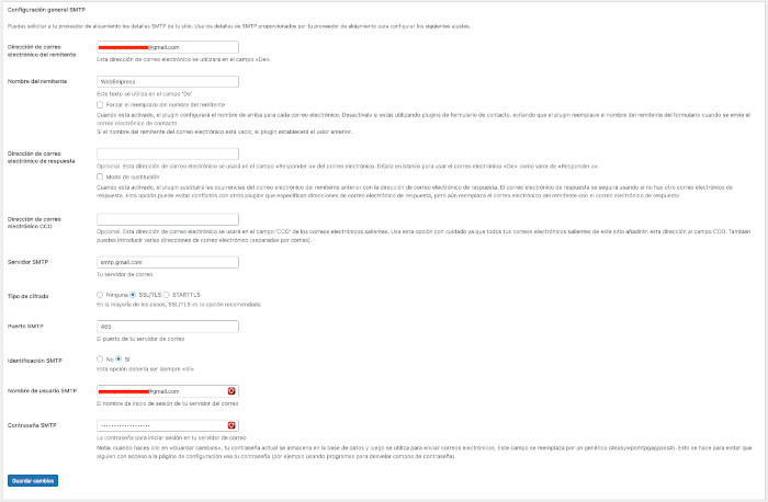 Configuración en el plugin Easy WP SMTP para Gmail