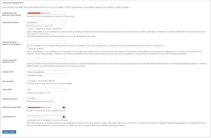 Configuración en el plugin Easy WP SMTP para Hotmail