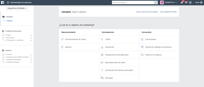 Objetivo en campaña de Facebook ads