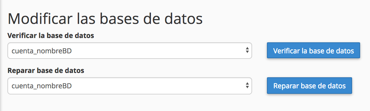 Opciones de verificación y reparación de base de datos