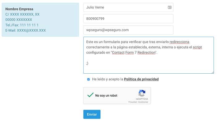Formulario de Contacto de CF7 cumplimentado
